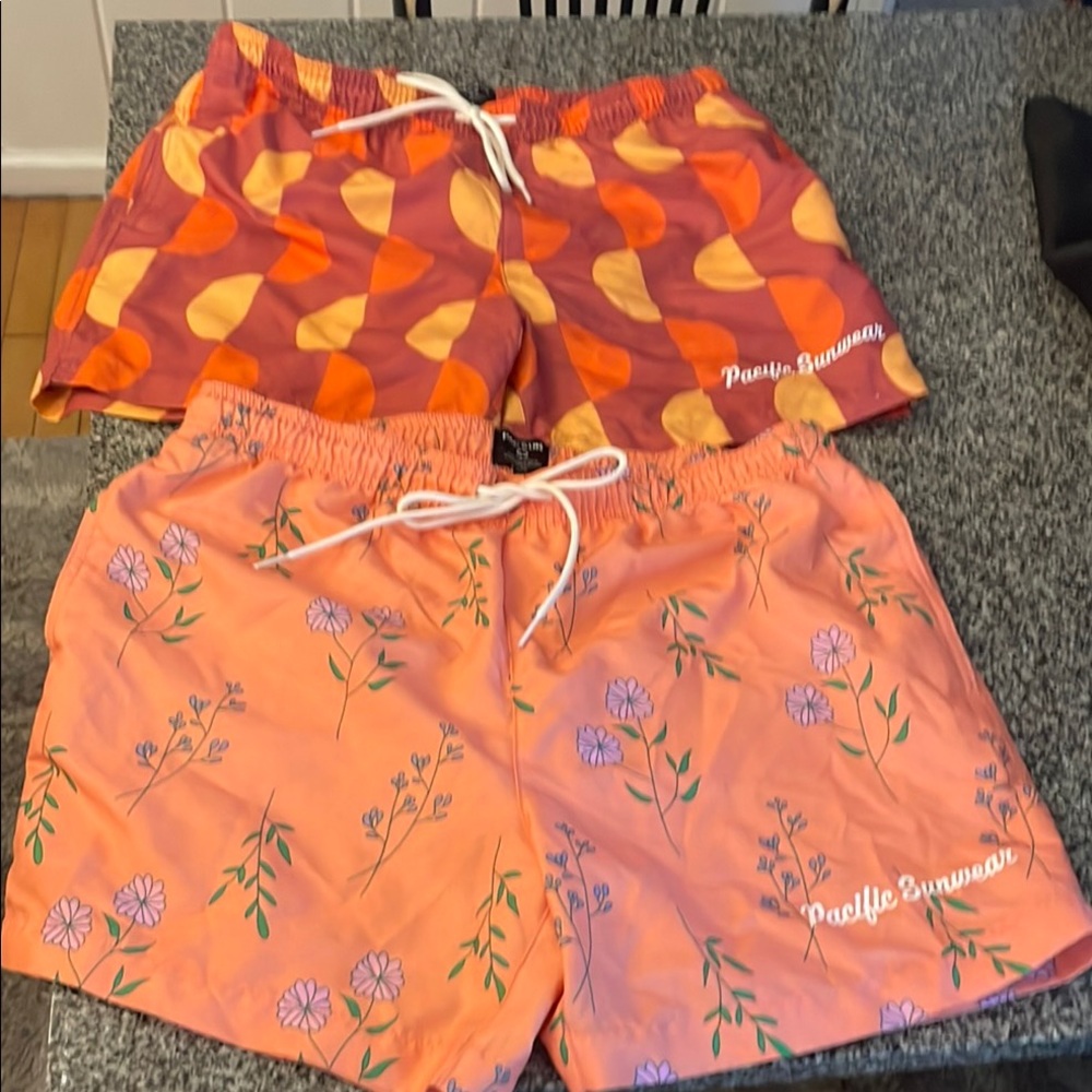 Pacific Sunwear Orange Floral & Geometric Swim Shorts (2-Pack)